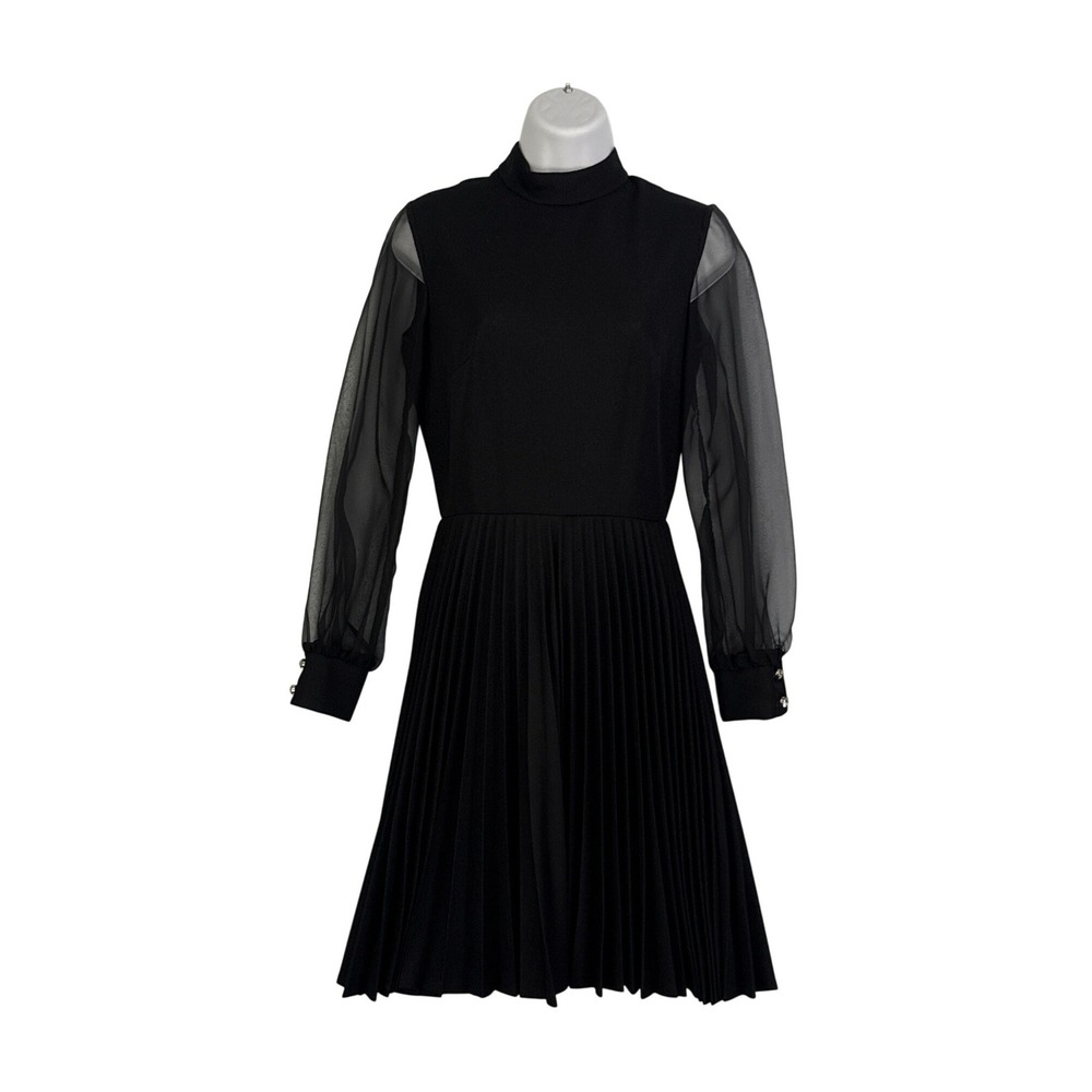 VTG Moody Street by Puritan Black Mock Neck Pleated Dress Sheer Sleeves 34 bust